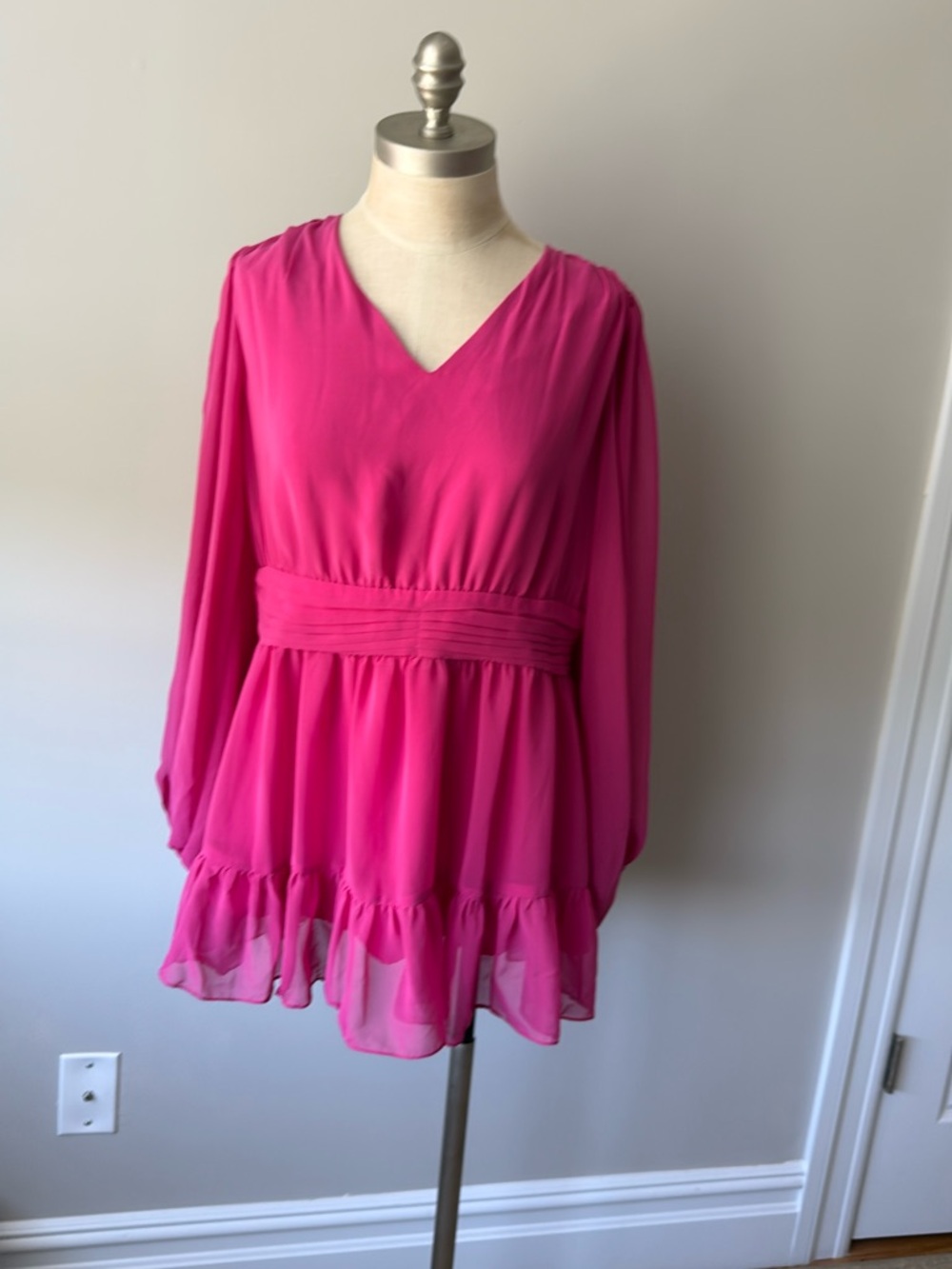 Vibrant Fuchsia V-Neck Ruffled Blouse size L